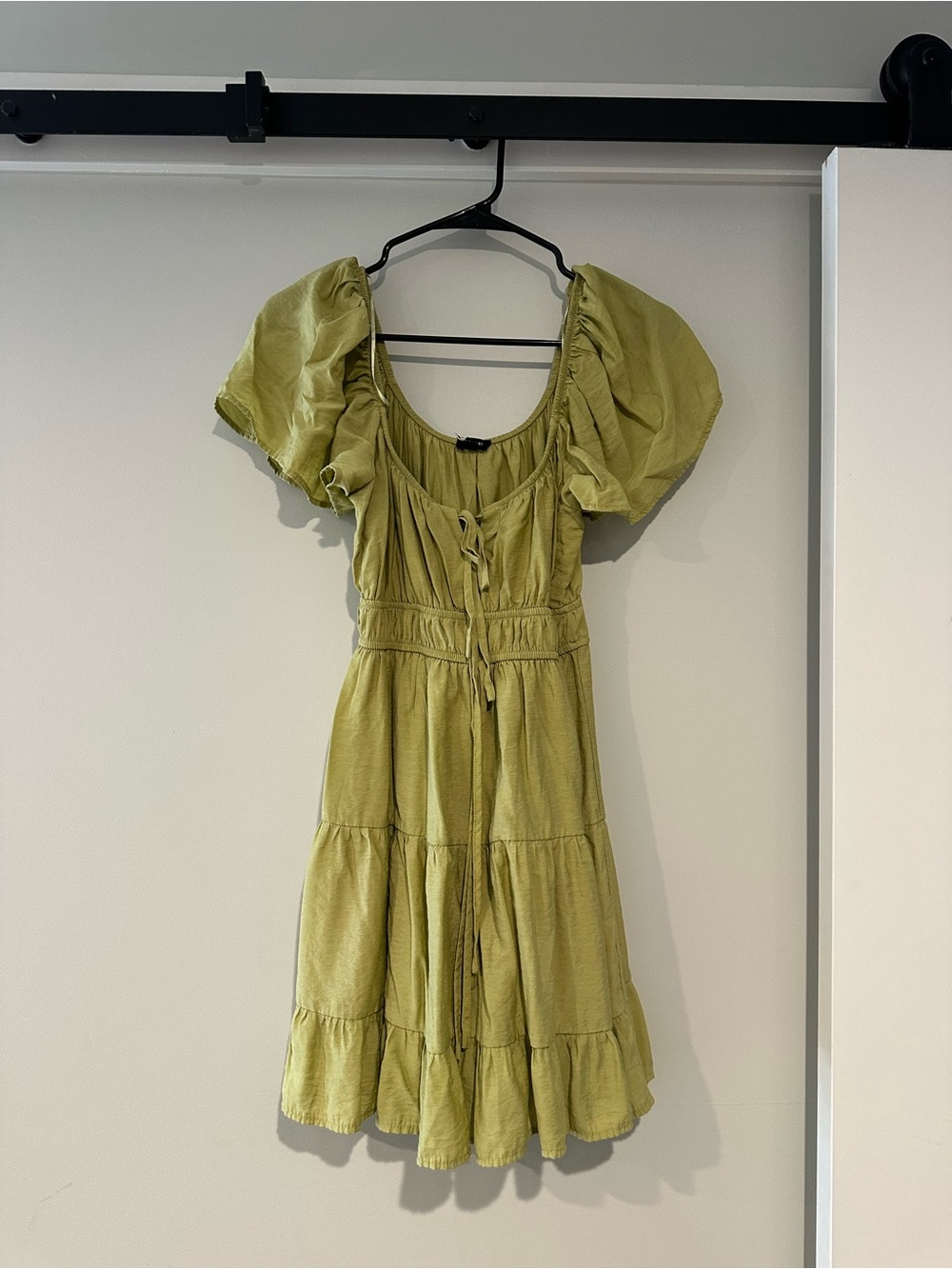 Lush Olive Puff Sleeve Tiered Midi Dress